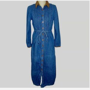 Mirrors 2 Maxi Dress W/Tie Womens Size 8 Blue Demin W/Brown Contrast Button Down